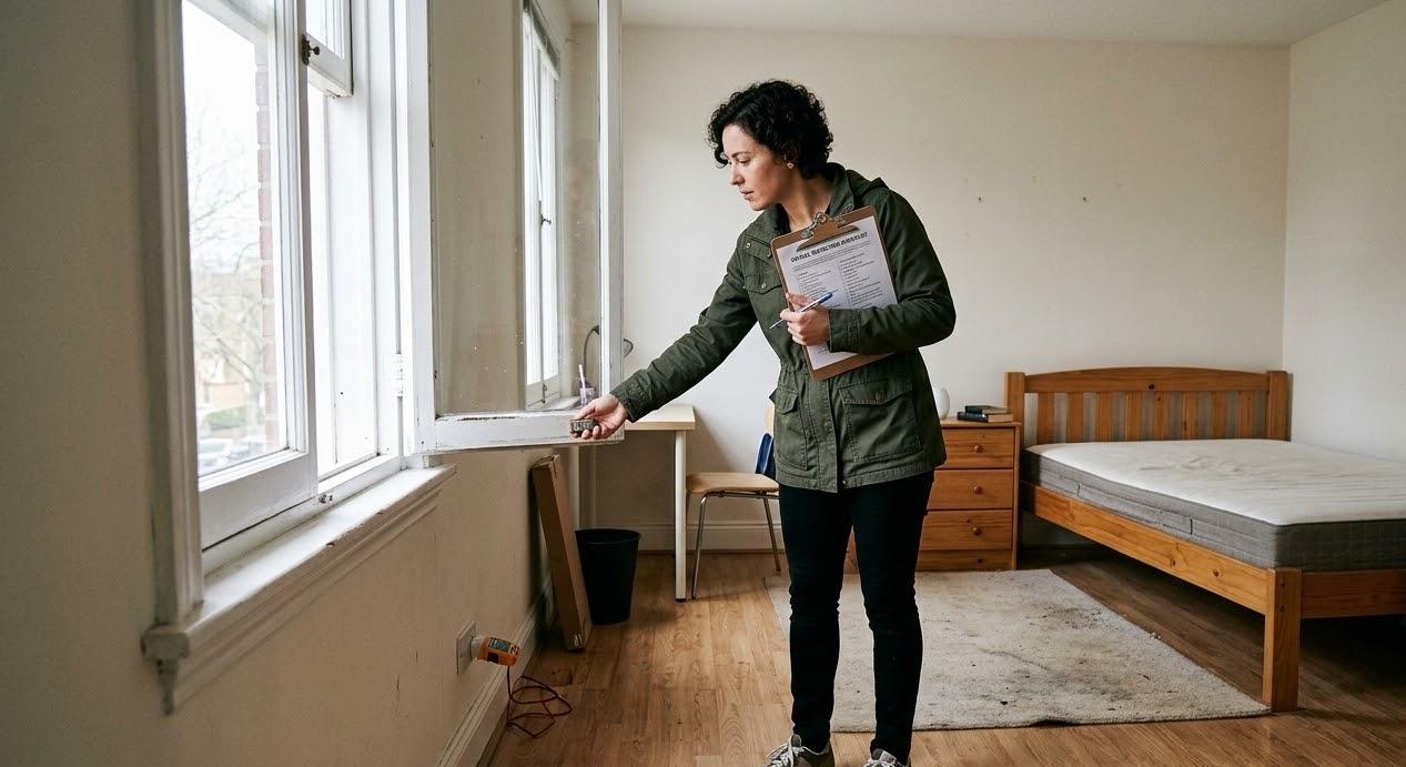 Persona evaluando qué revisar antes de rentar un cuarto en un departamento