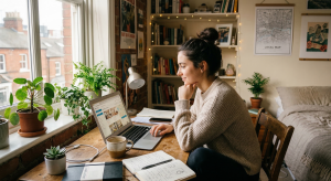 persona buscando cuarto en renta económico en sitio web de alquileres