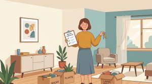 Persona considerando rentar una habitación por primera vez con documentos y llaves en mano